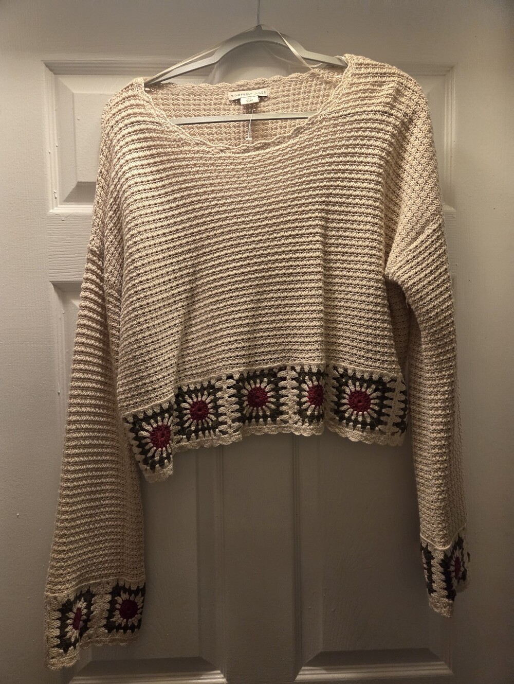 Crochet Hem Cream Knit Sweater with Floral Detail
